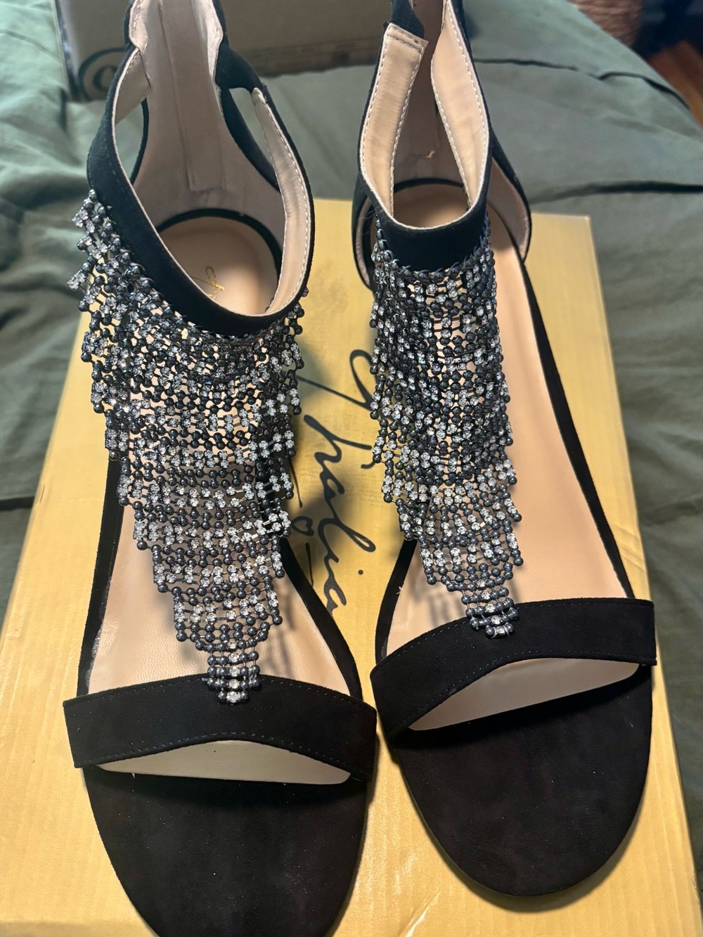 Thalia Sodi Black Rhinestone Fringe Ankle Strap Sandals